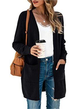 Open Front Cardigan with Pockets Side Split Draped Knit Sweater